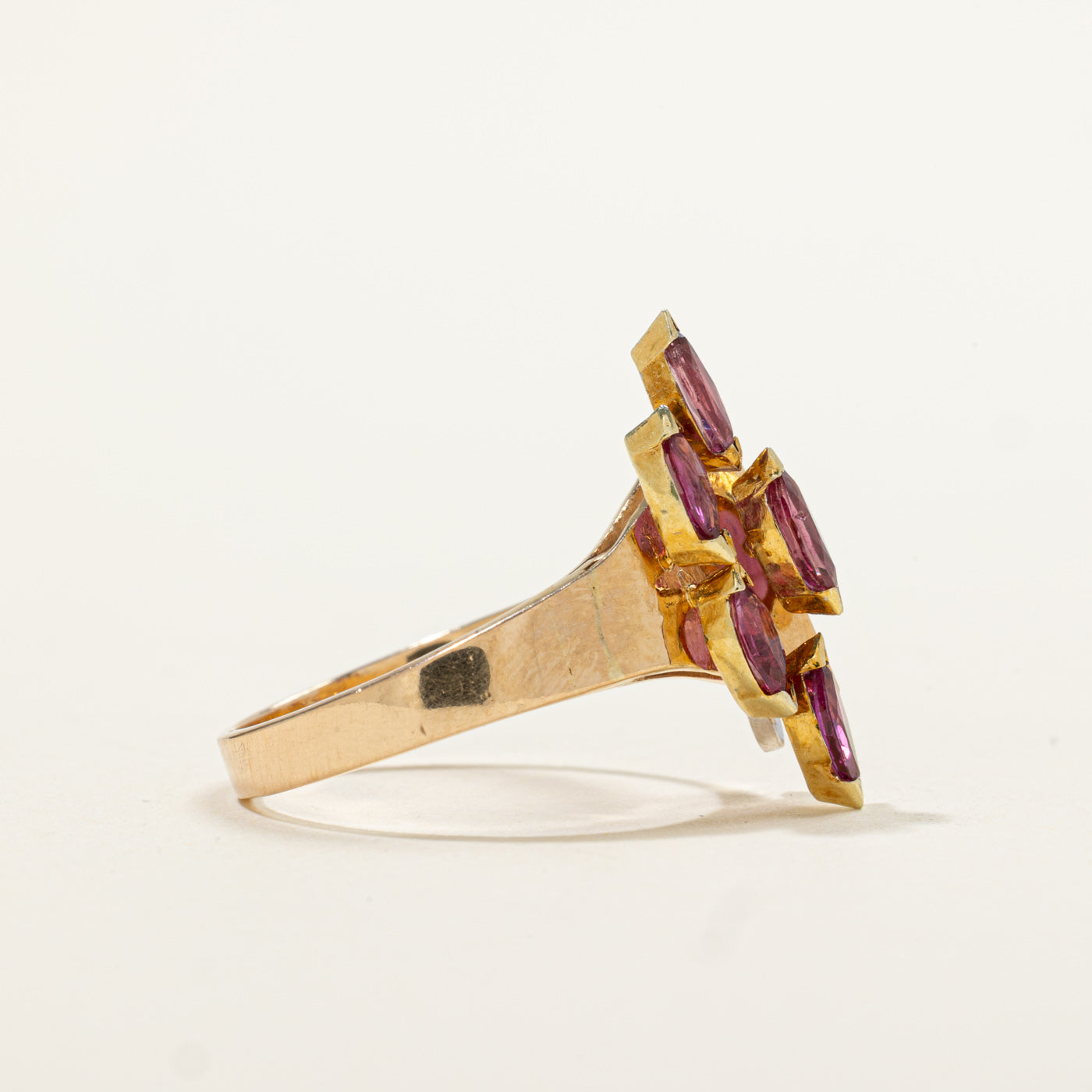 14k Marquise Cut Ruby & Diamond Cluster Grooved Ring | 0.60ctw, 0.01ctw | SZ 6.25