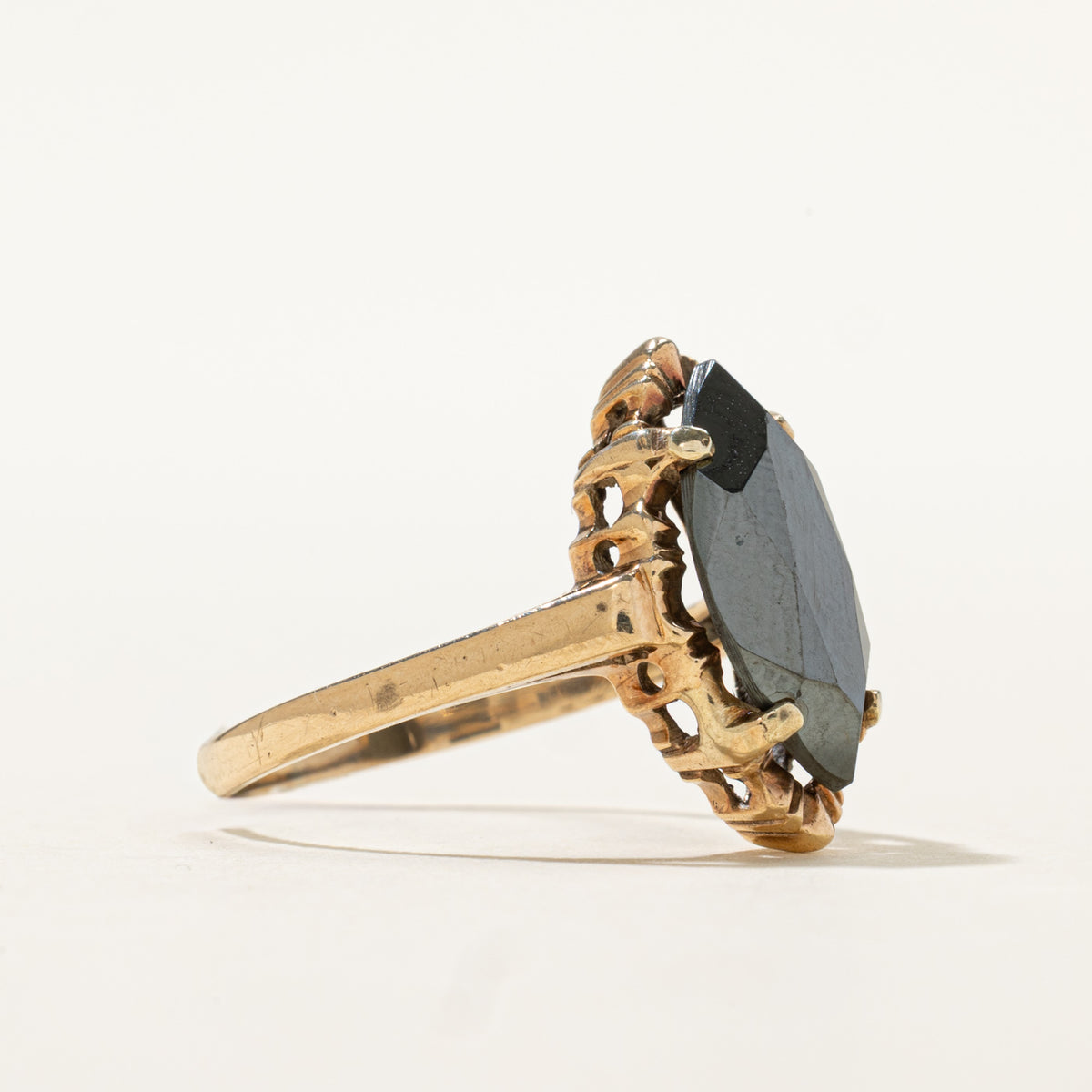 10k Solitaire Hematite Textured Navette Ring | 2.30ct | SZ 6.75