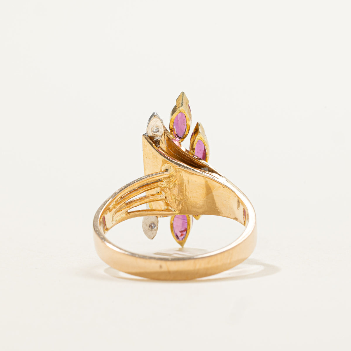 14k Marquise Cut Ruby & Diamond Cluster Grooved Ring | 0.60ctw, 0.01ctw | SZ 6.25