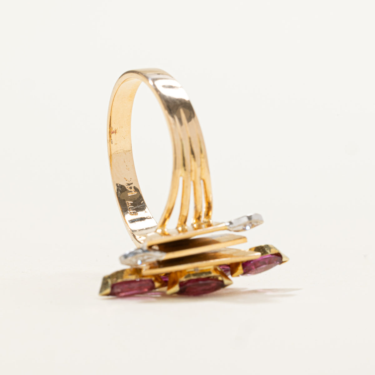 14k Marquise Cut Ruby & Diamond Cluster Grooved Ring | 0.60ctw, 0.01ctw | SZ 6.25