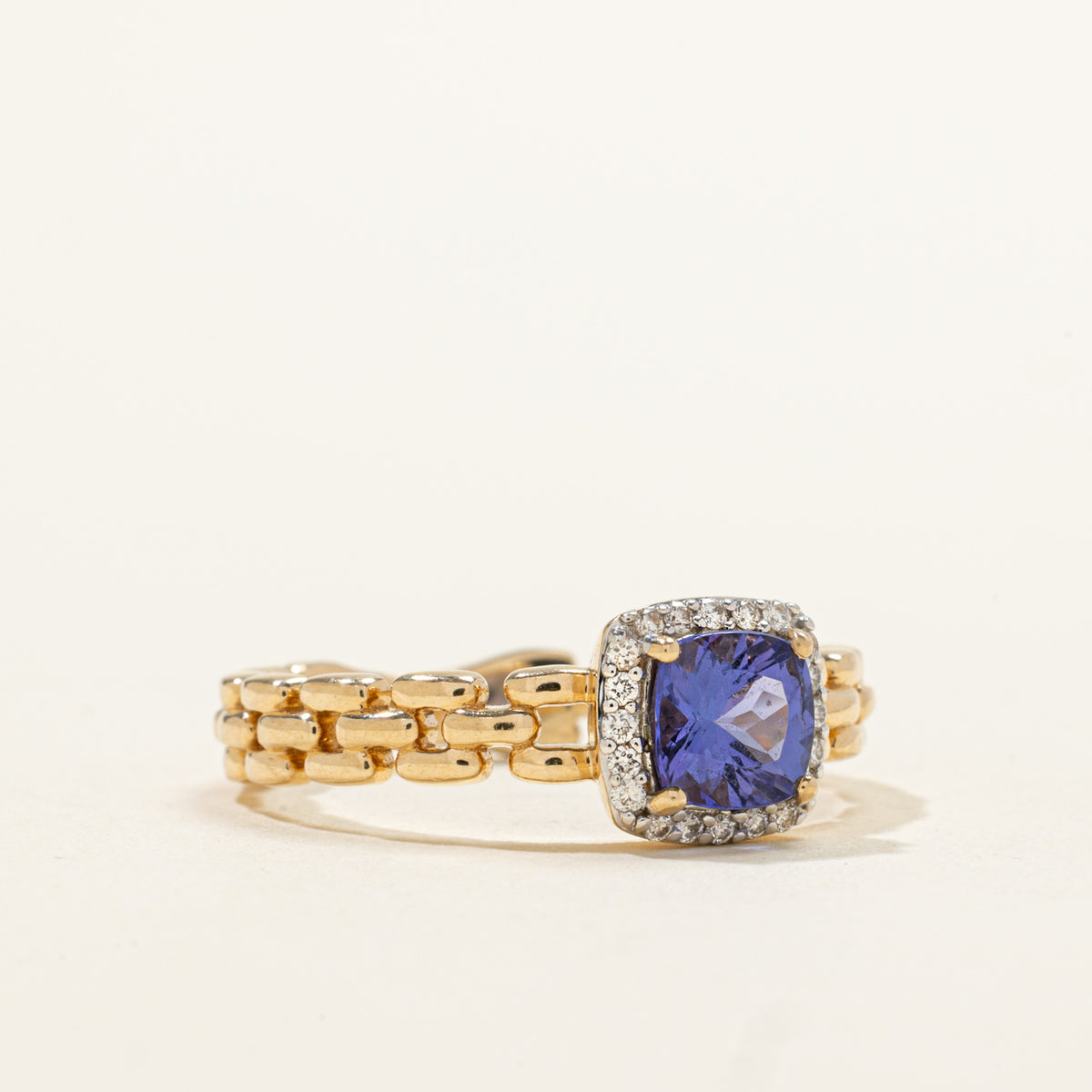 14k Cushion Cut Tanzanite & Diamond Halo Geometric Ring | 1.05ct, 0.04ctw | SZ 9