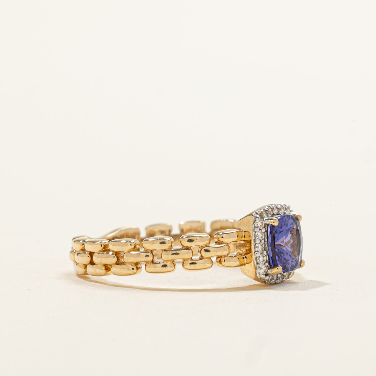 14k Cushion Cut Tanzanite & Diamond Halo Geometric Ring | 1.05ct, 0.04ctw | SZ 9