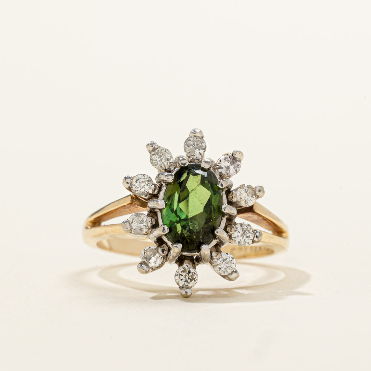 14k Oval Cut Tourmaline & Diamond Petal Halo Ring | 1.35ct, 0.30ctw | SZ 6.75