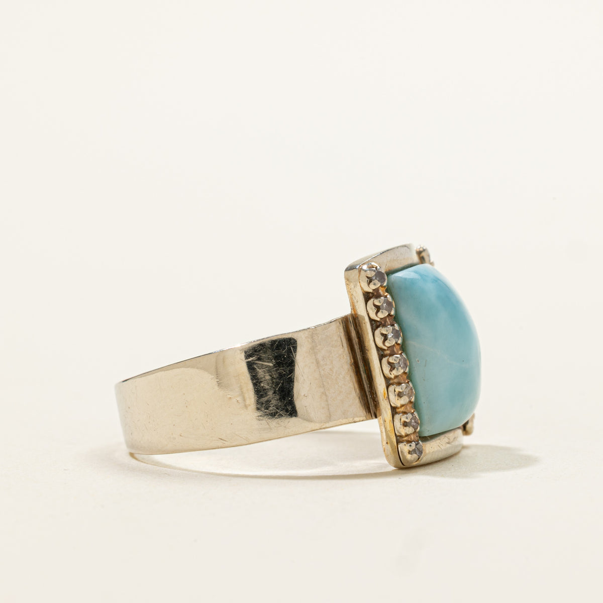 14k Cabochon Larimar & Diamond Framed Geometric Ring | 2.20ct, 0.07ctw | SZ 9.75