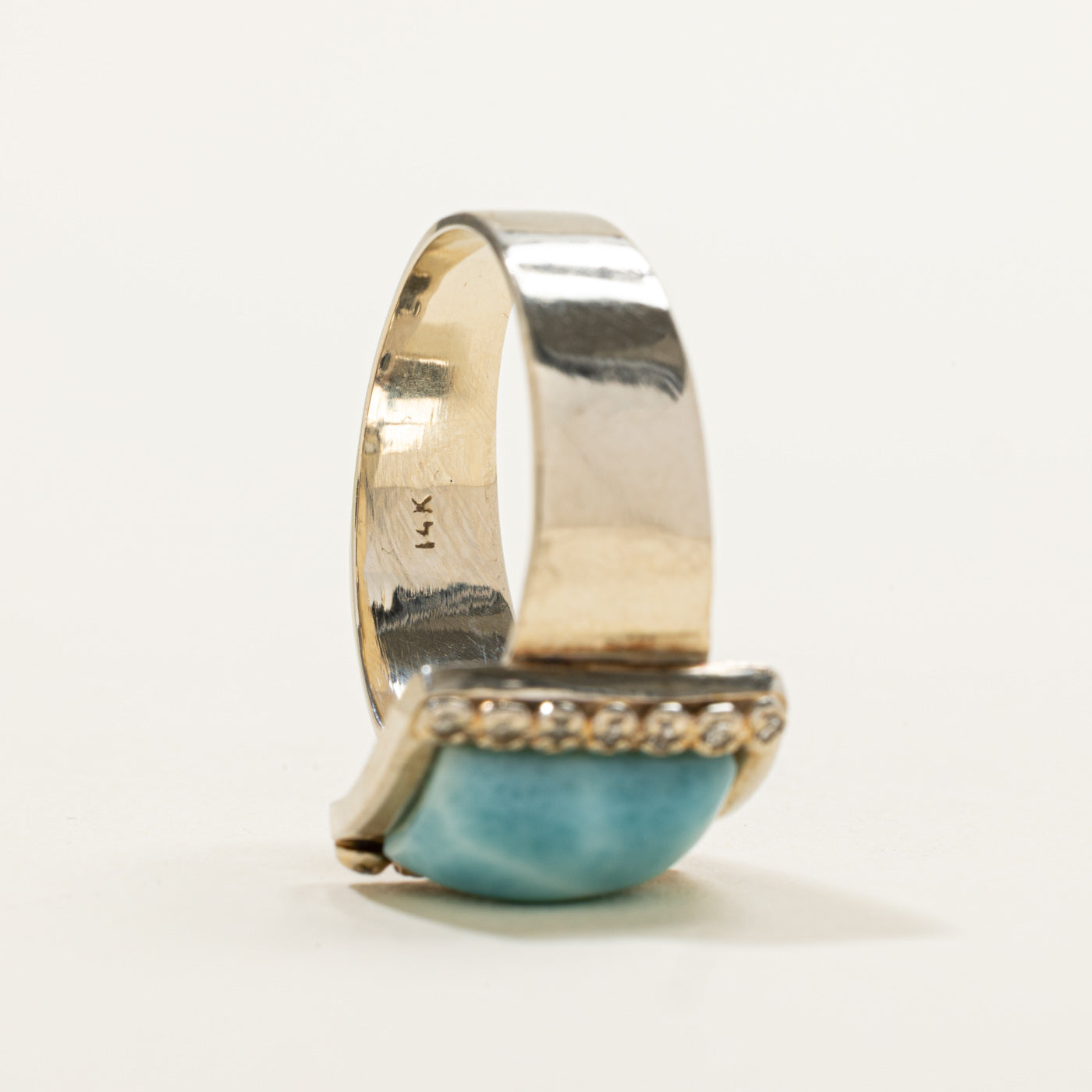 14k Cabochon Larimar & Diamond Framed Geometric Ring | 2.20ct, 0.07ctw | SZ 9.75