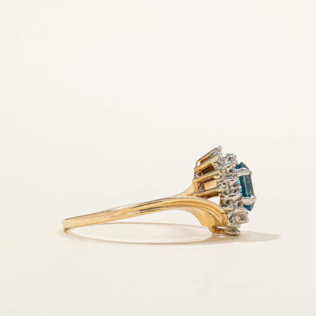 14k Oval Cut Blue Topaz & Diamond Petal Halo Bypass Ring | 0.95ct, 0.18ctw | SZ 8.25