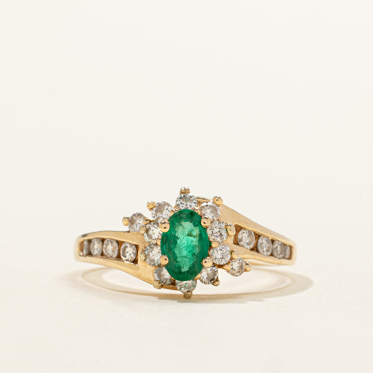 14k Oval Cut Emerald & Diamond Petal Halo Bypass Ring | 0.38ct, 0.40ctw | SZ 7.25