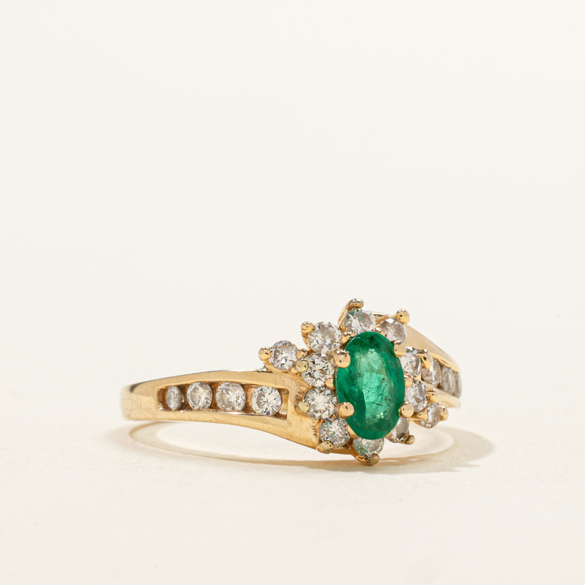 14k Oval Cut Emerald & Diamond Petal Halo Bypass Ring | 0.38ct, 0.40ctw | SZ 7.25