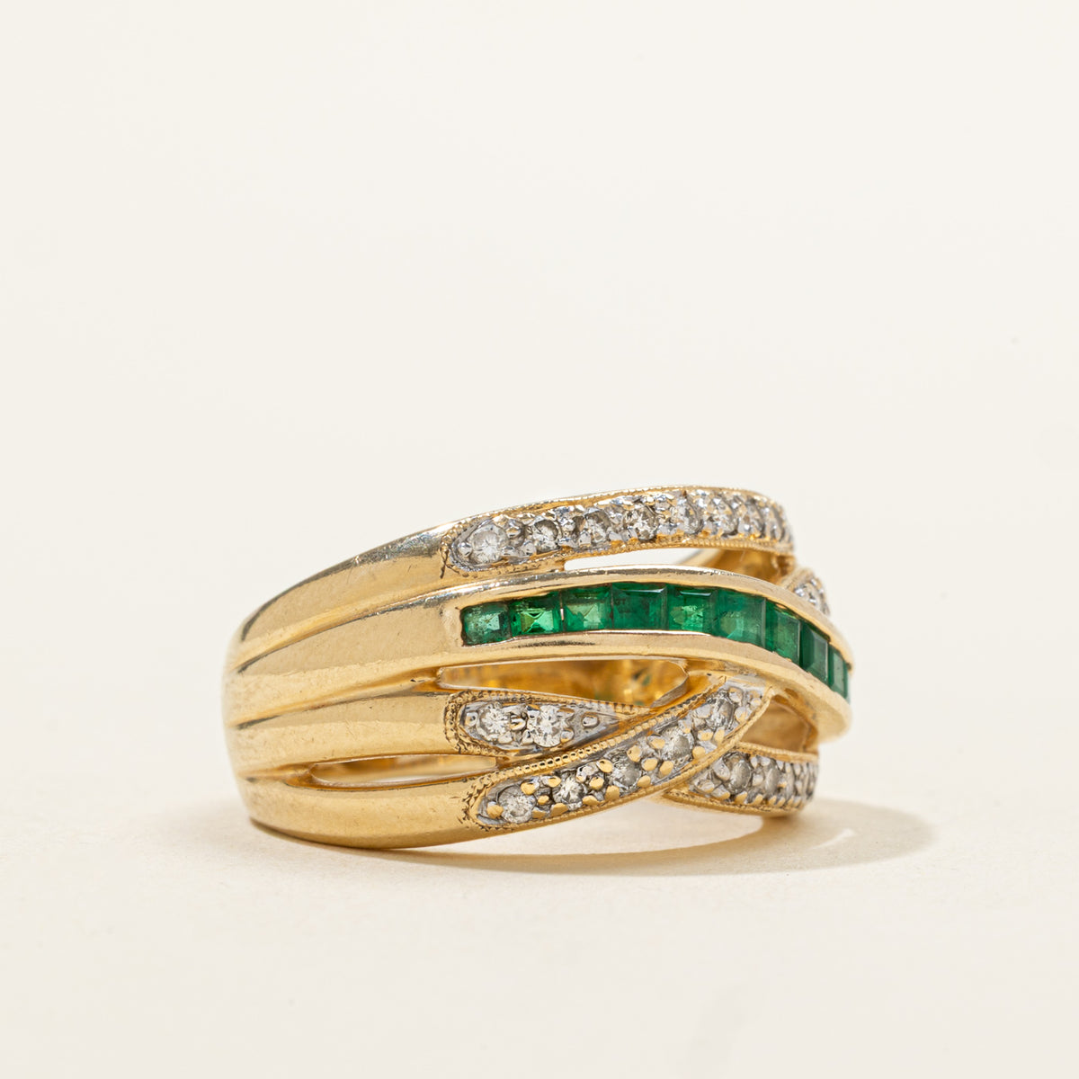 14k Multi Row Emerald & Diamond Cross Over Ring | 0.40ct, 0.26ctw | SZ 6