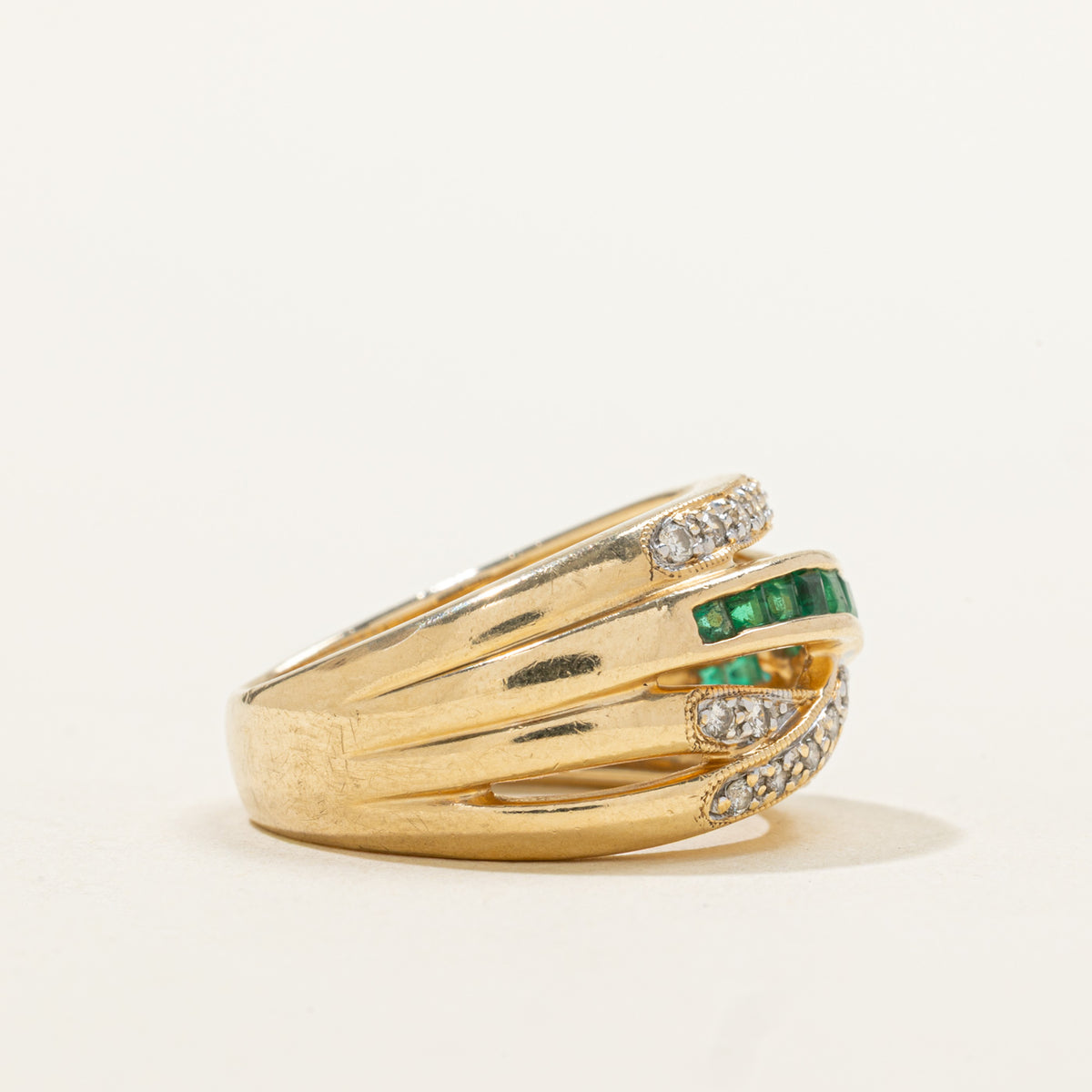 14k Multi Row Emerald & Diamond Cross Over Ring | 0.40ct, 0.26ctw | SZ 6