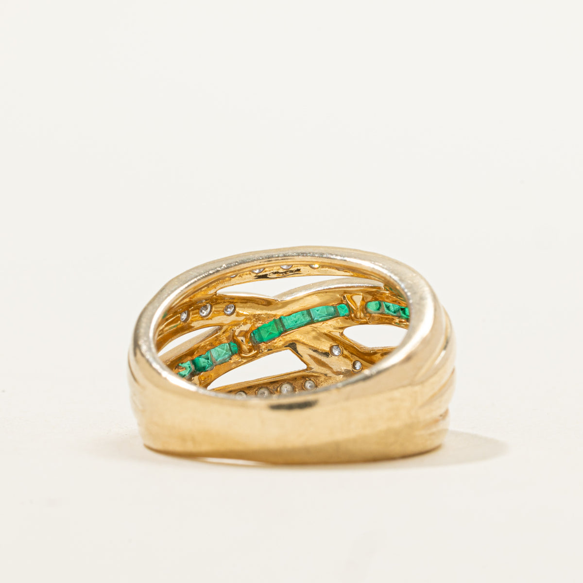 14k Multi Row Emerald & Diamond Cross Over Ring | 0.40ct, 0.26ctw | SZ 6