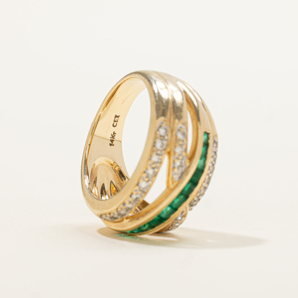 14k Multi Row Emerald & Diamond Cross Over Ring | 0.40ct, 0.26ctw | SZ 6