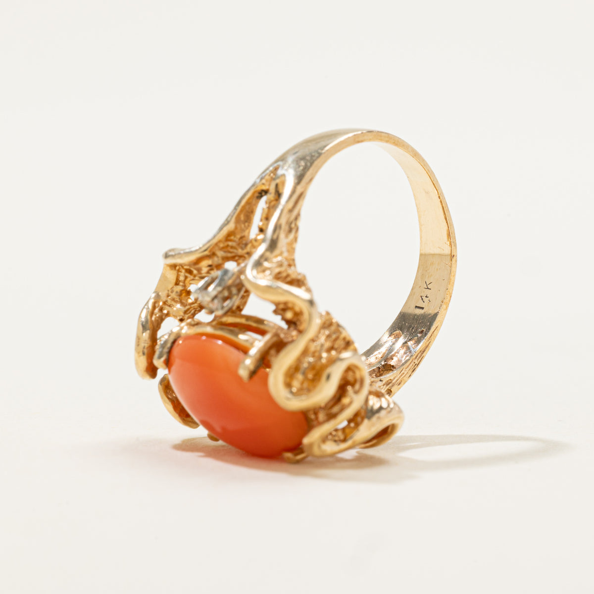 14k Cabochon Coral & Diamond Nuggety Organic Cocktail Ring | 2.37ct, 0.05ctw | SZ 4