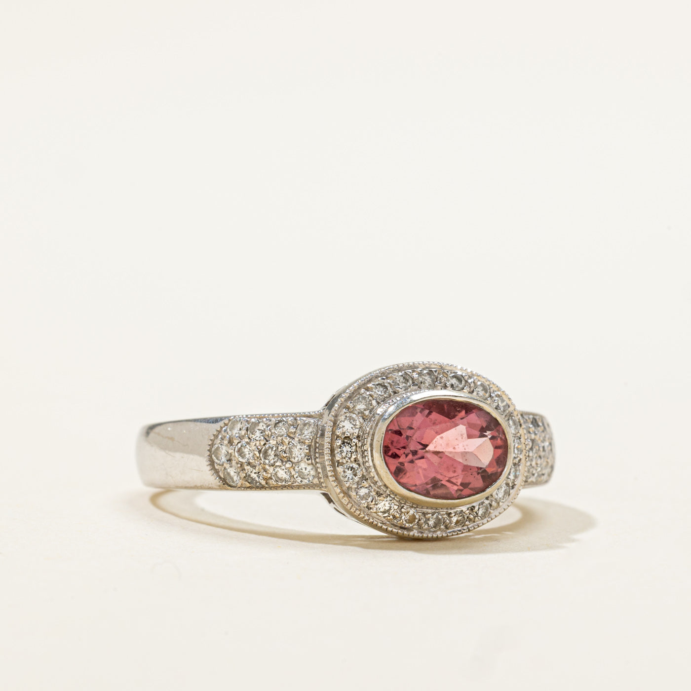 14k East West Pink Tourmaline & Diamond Halo Ring | 0.90ct, 0.22ctw | SZ 8.25