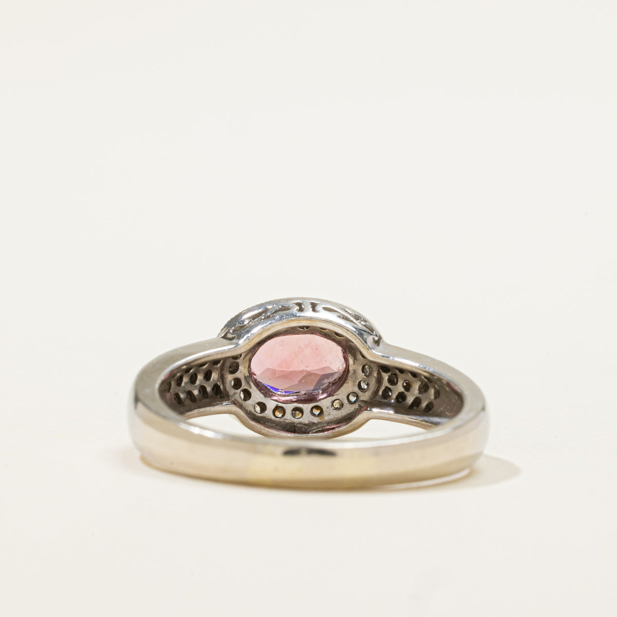 14k East West Pink Tourmaline & Diamond Halo Ring | 0.90ct, 0.22ctw | SZ 8.25