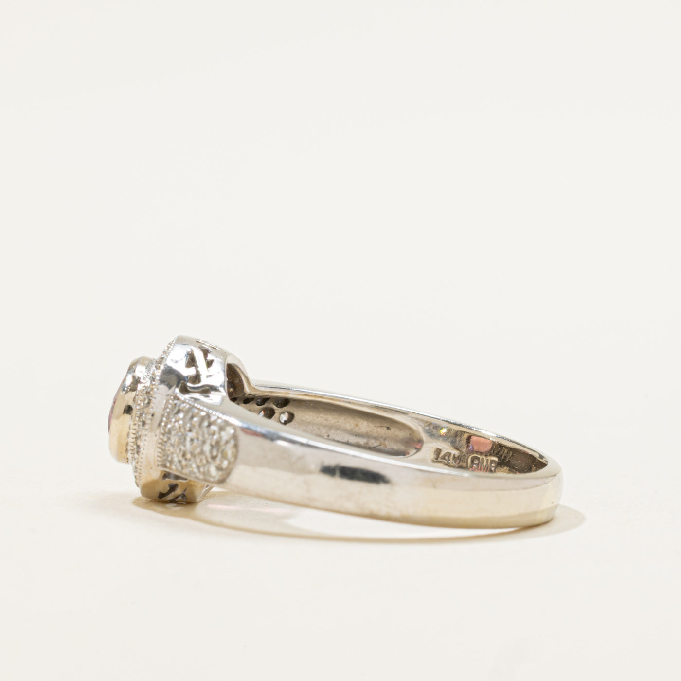14k East West Pink Tourmaline & Diamond Halo Ring | 0.90ct, 0.22ctw | SZ 8.25