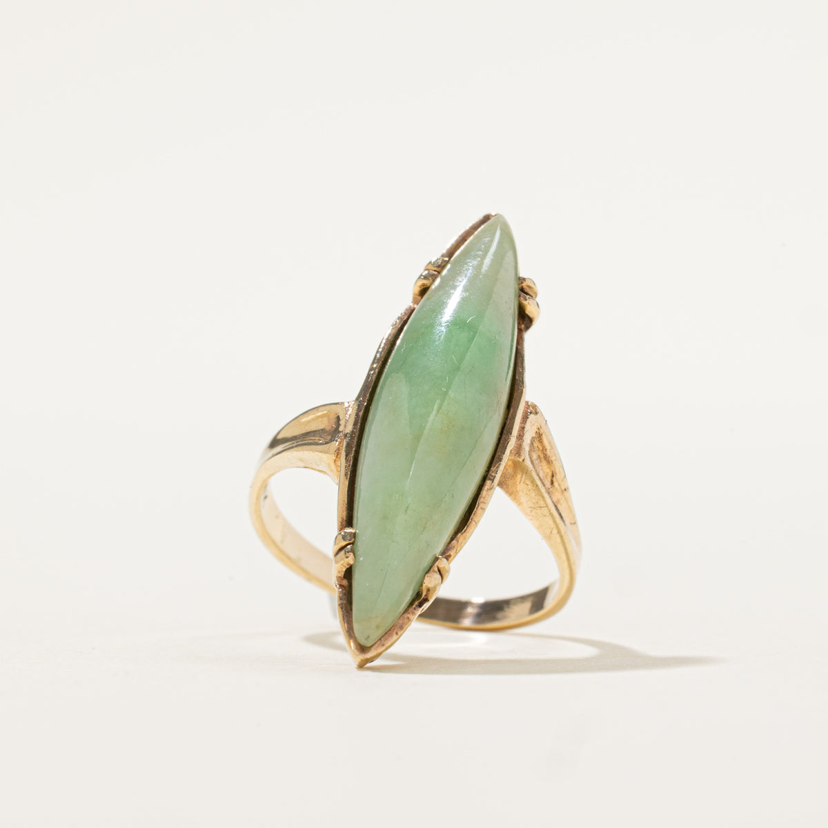 10k Solitaire Jadeite Grooved Navette Ring | 4.90ct | SZ 5.75