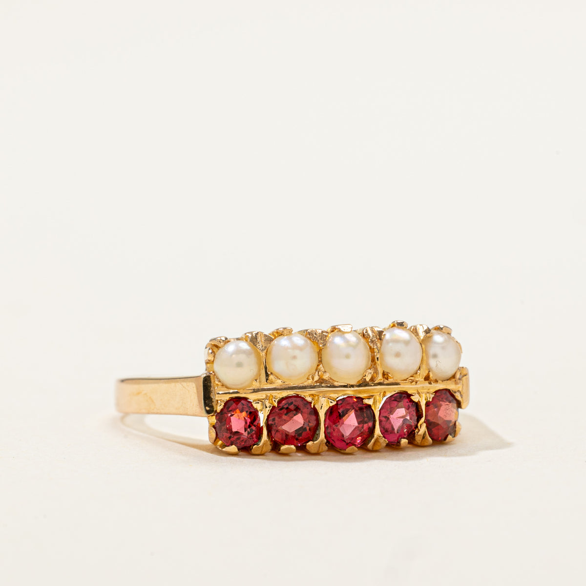 18k Double Row Red Glass & Pearl Ring | 0.40ctw | SZ 7.75