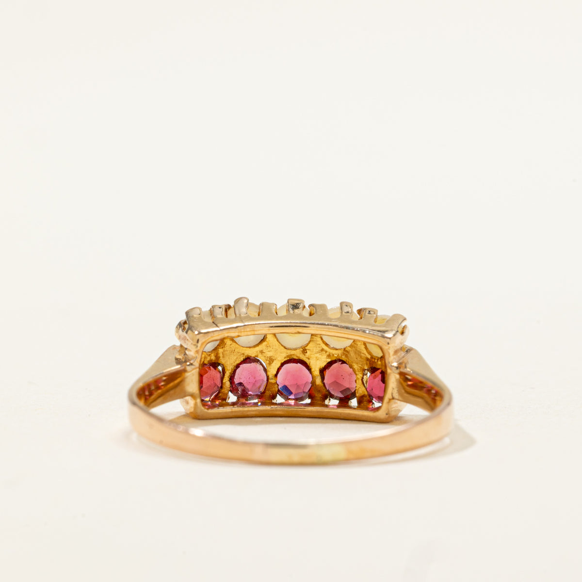 18k Double Row Red Glass & Pearl Ring | 0.40ctw | SZ 7.75