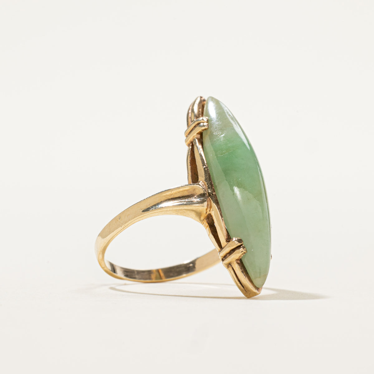 10k Solitaire Jadeite Grooved Navette Ring | 4.90ct | SZ 5.75