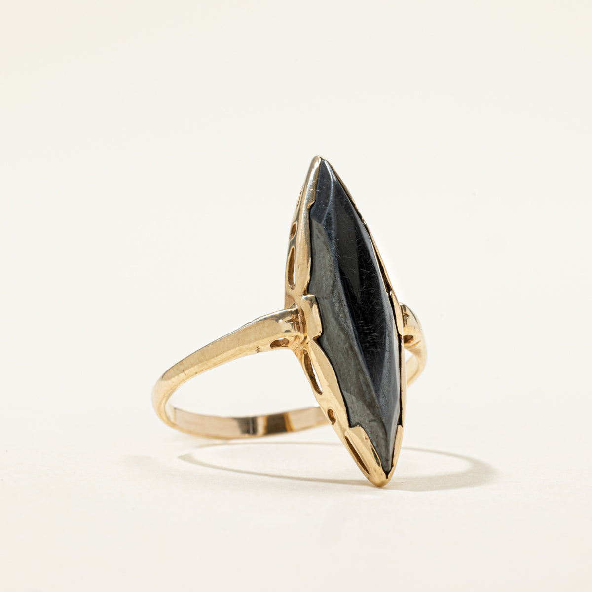 10k Solitaire Hematite Navette Ring | 6.00ct | SZ 10.25