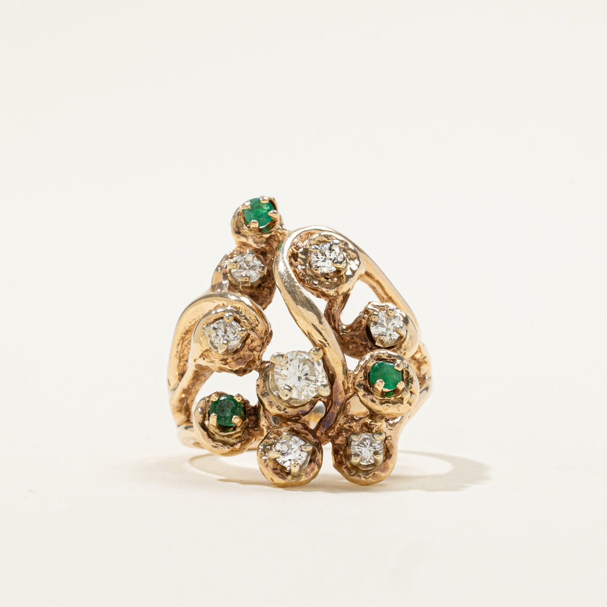 10k Scattered Emerald & Diamond Openwork Cocktail Ring | 0.12ctw, 0.48ctw | SZ 5.5