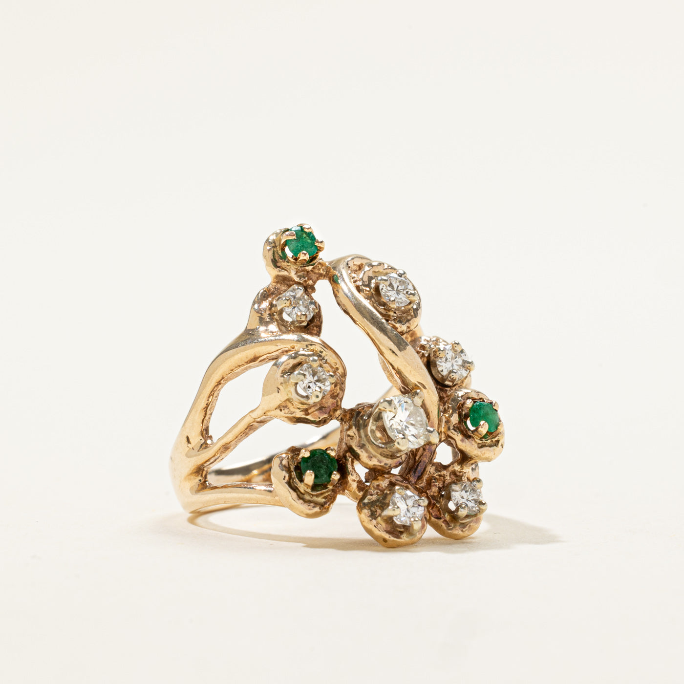 10k Scattered Emerald & Diamond Openwork Cocktail Ring | 0.12ctw, 0.48ctw | SZ 5.5