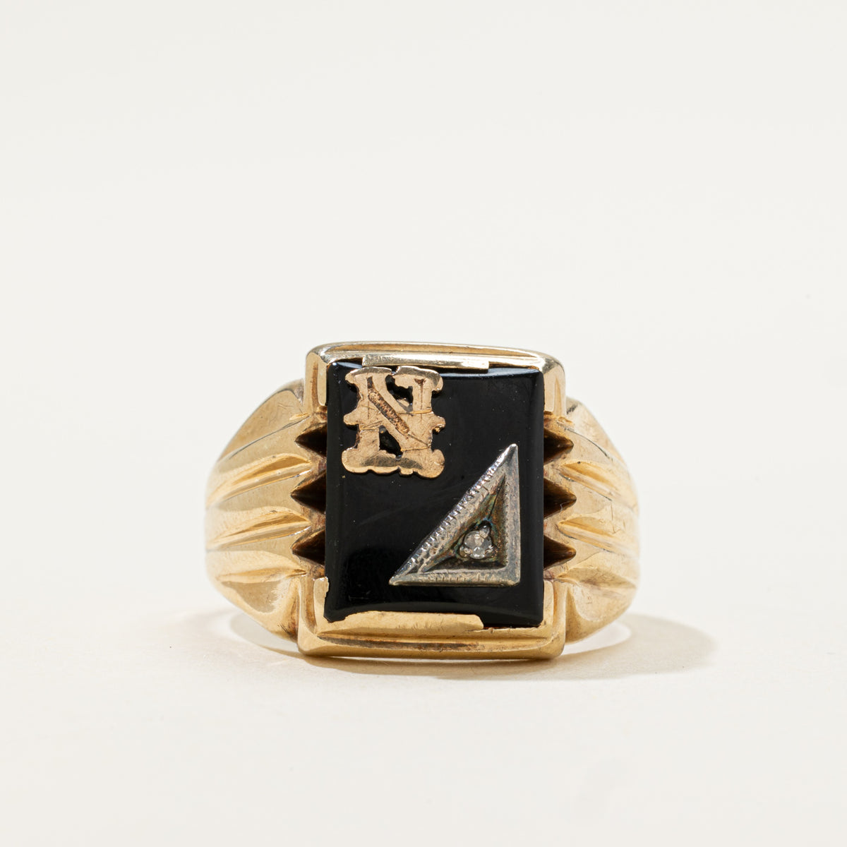 10k Onyx & Diamond "N" Initial Grooved Signet Ring | 1.95ct, 0.005ctw | SZ 8
