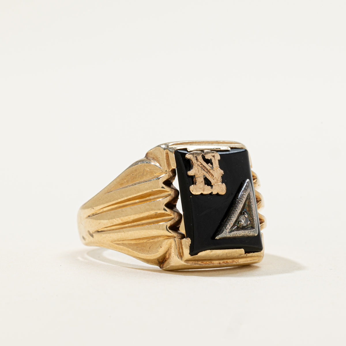 10k Onyx & Diamond "N" Initial Grooved Signet Ring | 1.95ct, 0.005ctw | SZ 8
