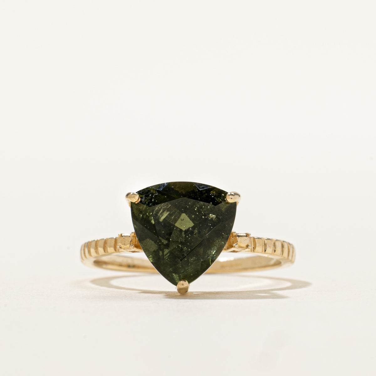 10k Solitaire Trillion Cut Moldavite Grooved Triangle Ring | 2.70ct | SZ 6