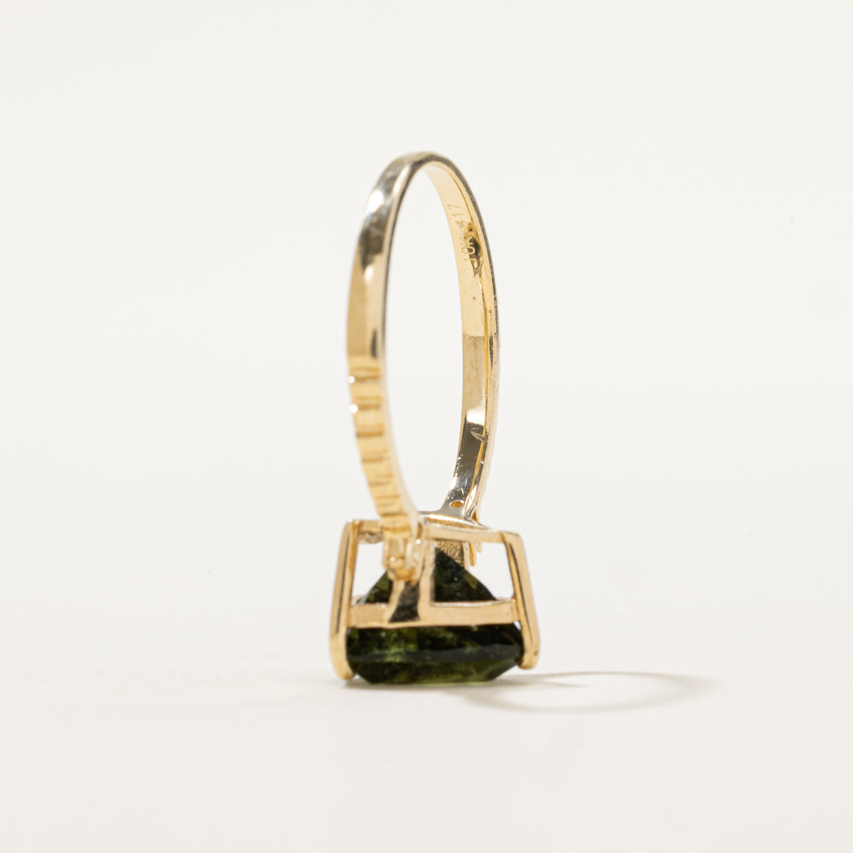 10k Solitaire Trillion Cut Moldavite Grooved Triangle Ring | 2.70ct | SZ 6