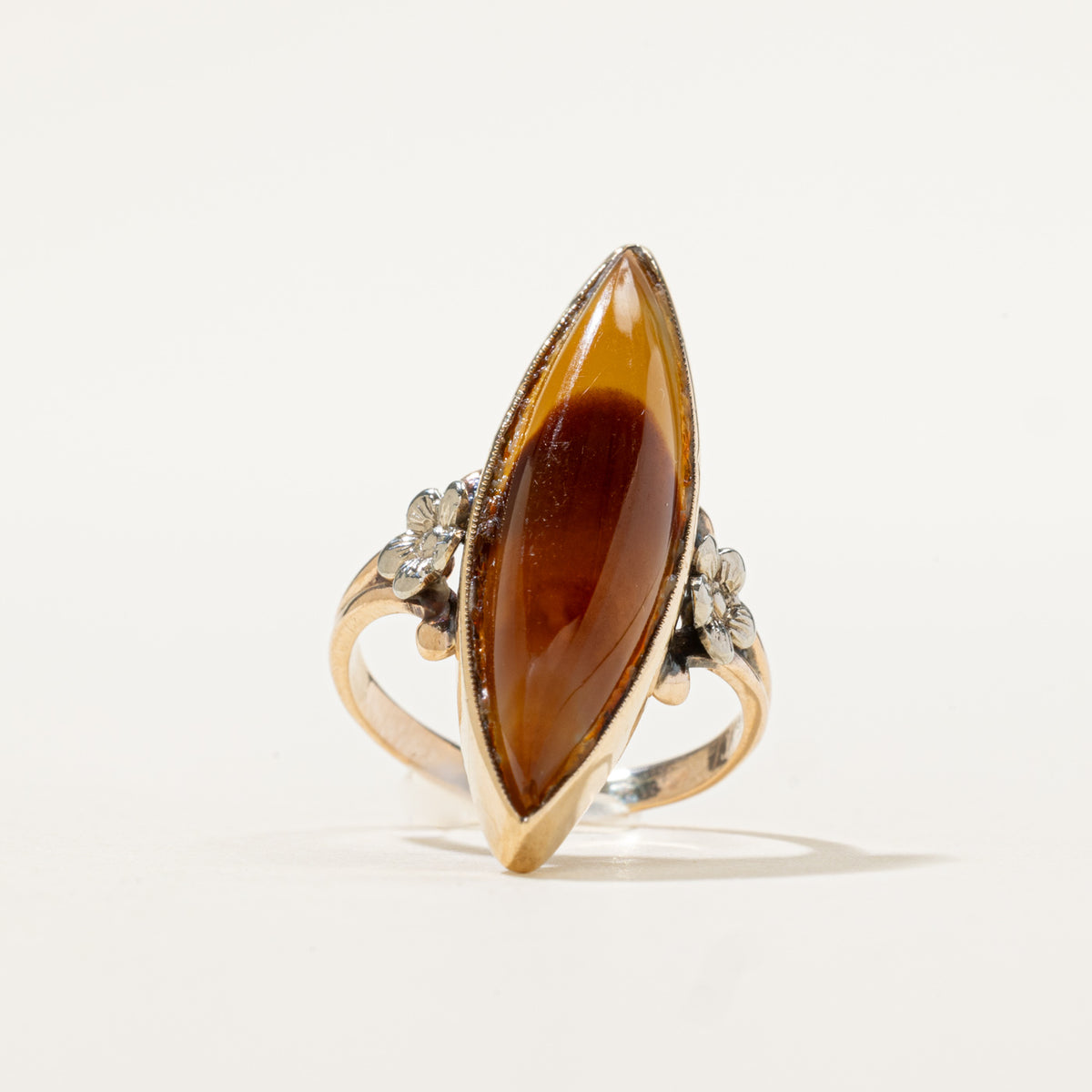 10k Solitaire Agate Floral Accented Navette Ring | 4.50ct | SZ 4.5