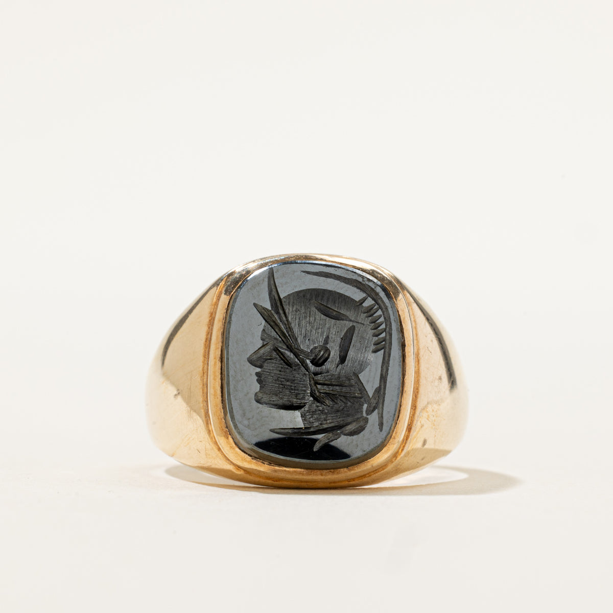 10k Bezel Set Hematite Intaglio Signet Ring | 3.90ct | SZ 9.25