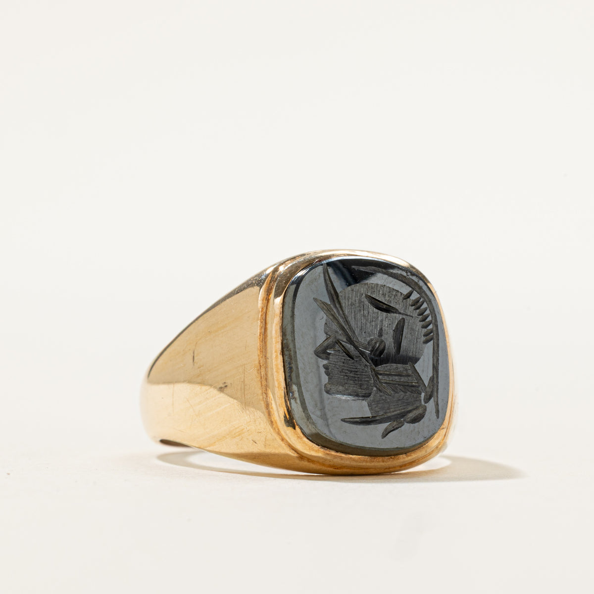 10k Bezel Set Hematite Intaglio Signet Ring | 3.90ct | SZ 9.25