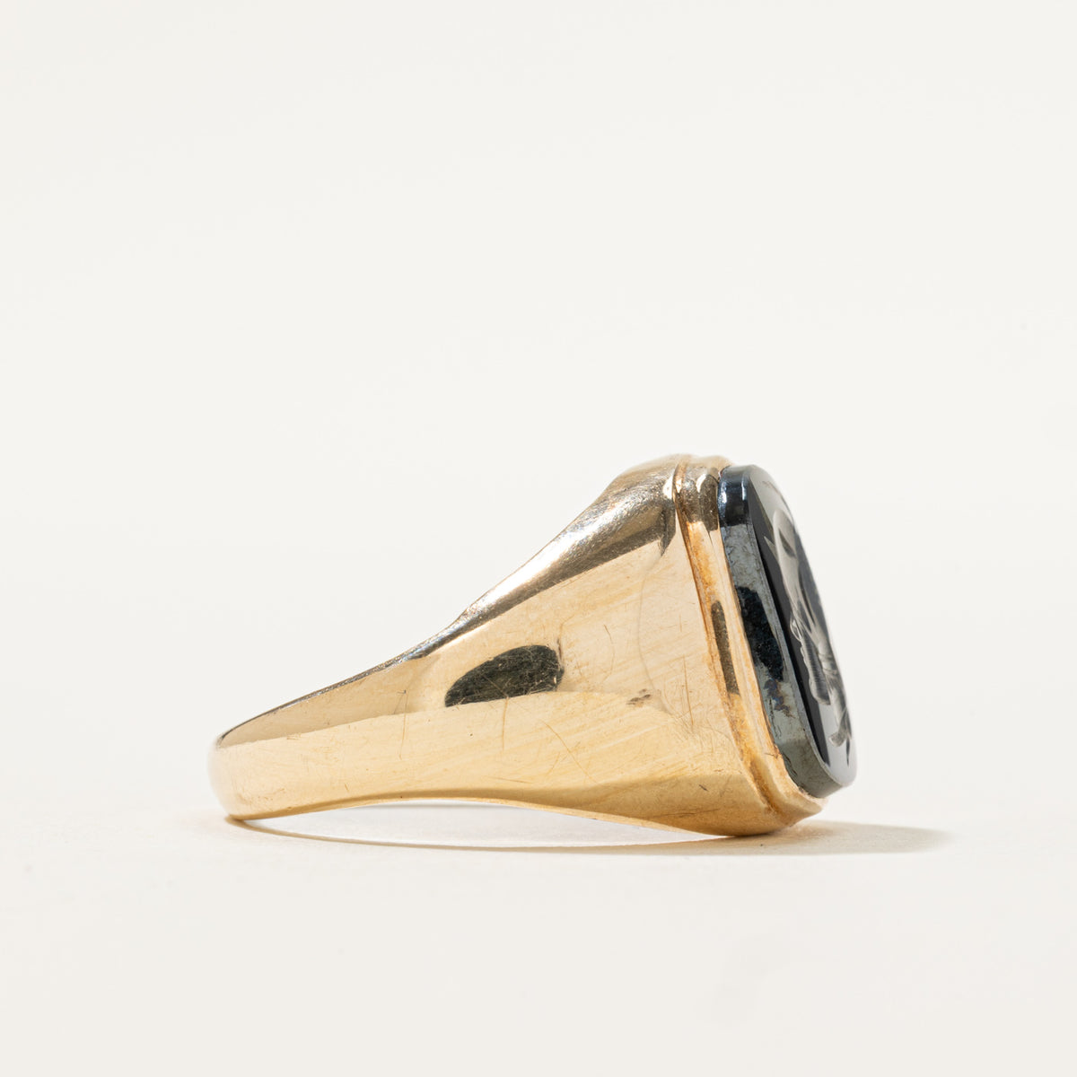 10k Bezel Set Hematite Intaglio Signet Ring | 3.90ct | SZ 9.25