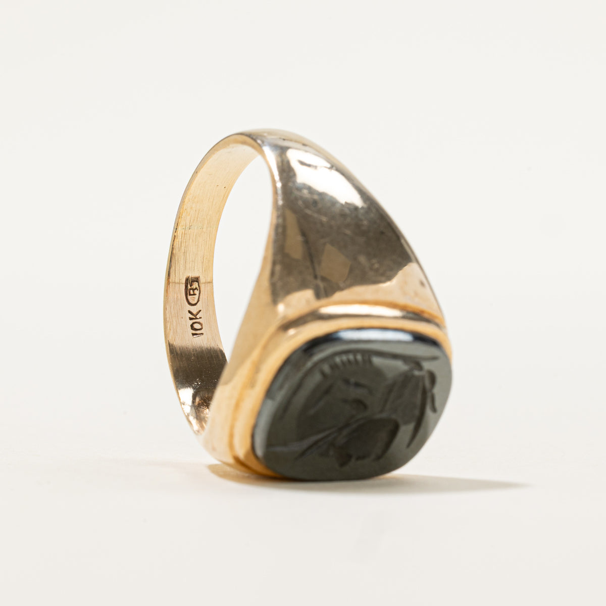 10k Bezel Set Hematite Intaglio Signet Ring | 3.90ct | SZ 9.25