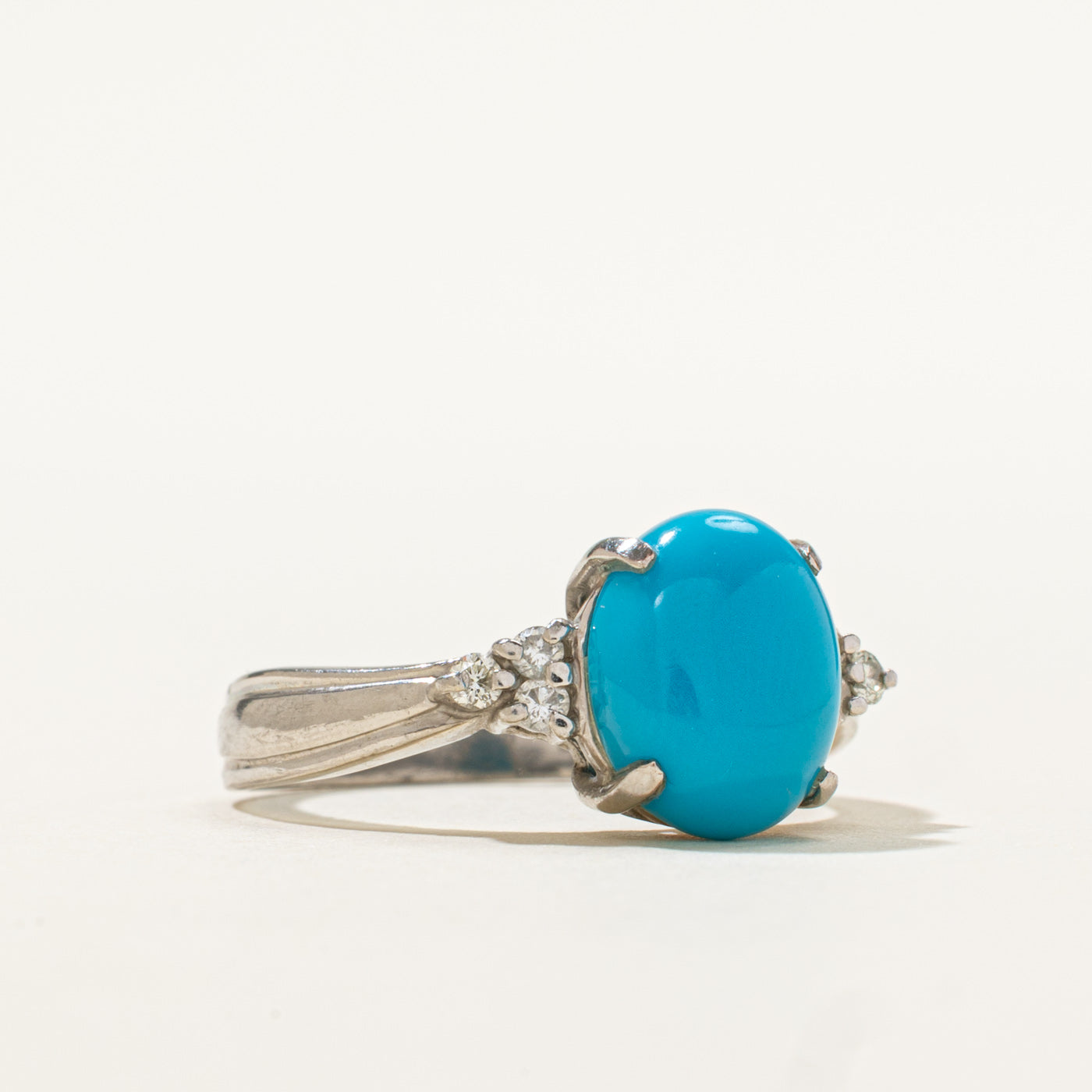 900 Platinum Cabochon Imitation Turquoise & Diamond Grooved Ring | 2.80ct, 0.09ctw | SZ 6.5