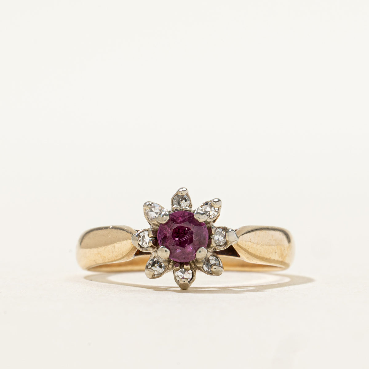 10k Ruby & Diamond Petal Halo Reverse Tapered Ring | 0.28ct, 0.04ctw | SZ 5.25