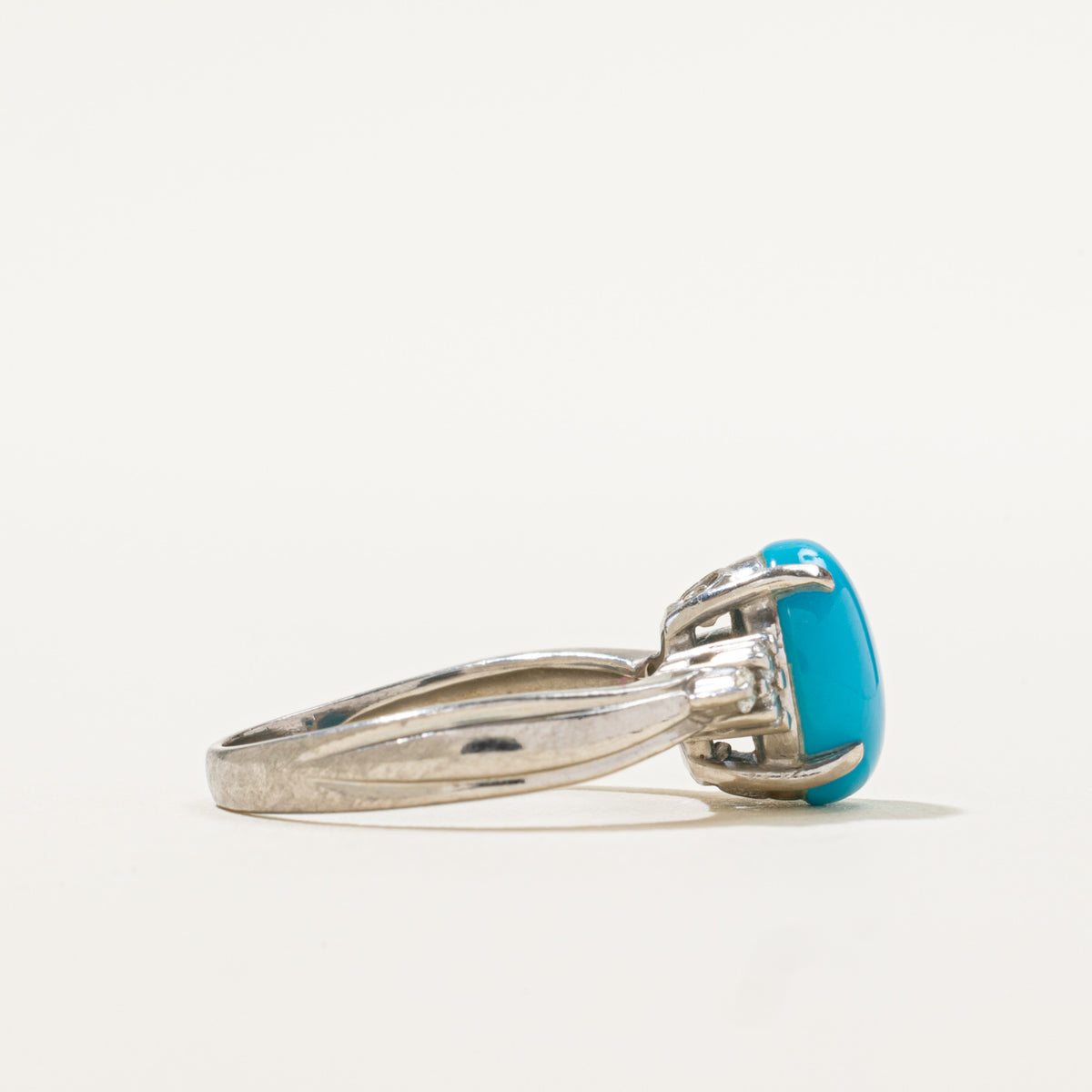 900 Platinum Cabochon Imitation Turquoise & Diamond Grooved Ring | 2.80ct, 0.09ctw | SZ 6.5