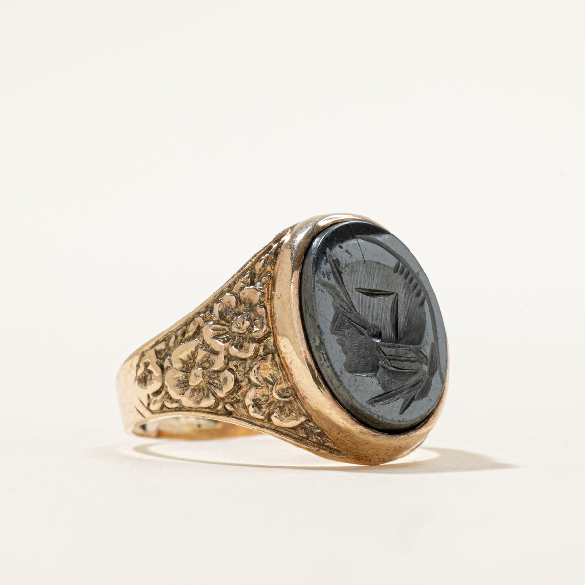 10k Hematite Warrior Intaglio Floral Engraved Signet Ring | 4.80ct | SZ 10.75