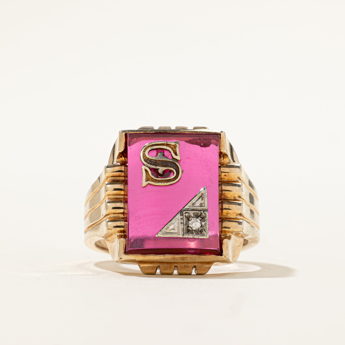10k Synthetic Ruby & Diamond "S" Initial Signet Ring | 6.00ct, 0.01ct | SZ 9.75