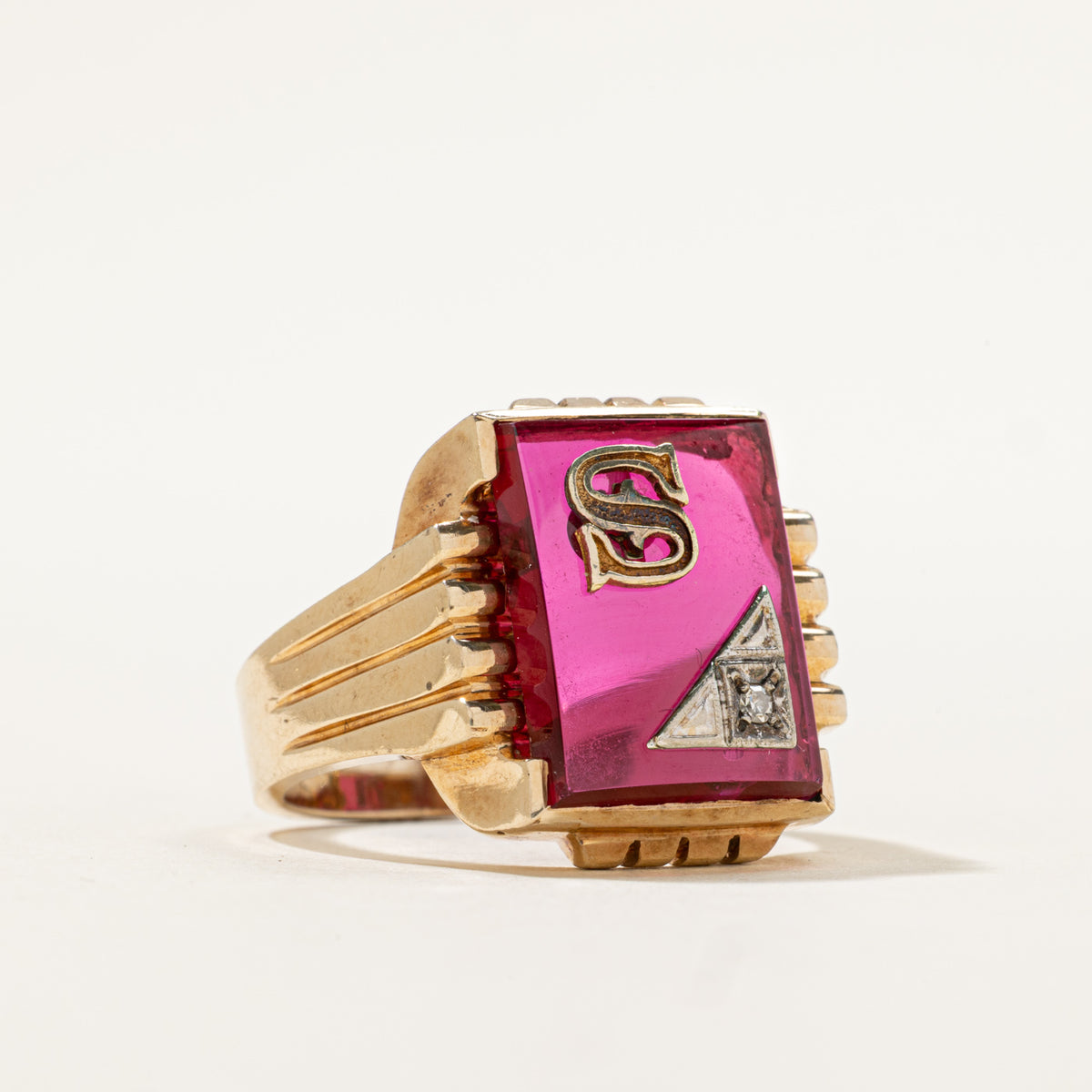 10k Synthetic Ruby & Diamond "S" Initial Signet Ring | 6.00ct, 0.01ct | SZ 9.75