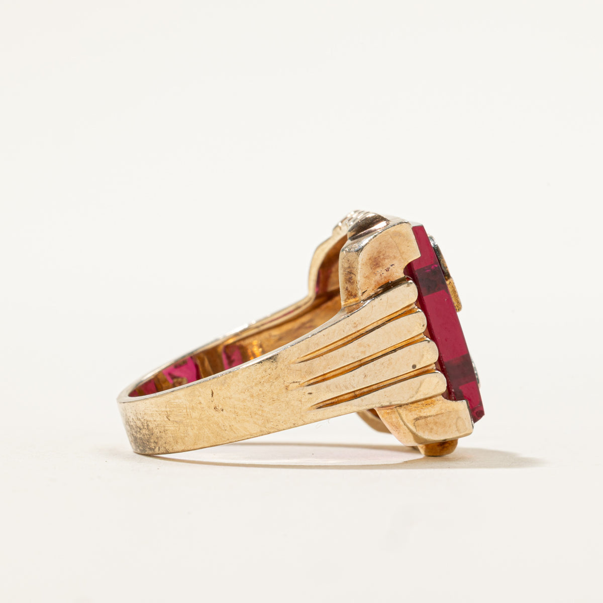10k Synthetic Ruby & Diamond "S" Initial Signet Ring | 6.00ct, 0.01ct | SZ 9.75