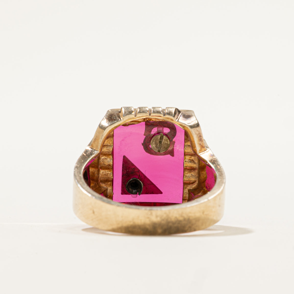 10k Synthetic Ruby & Diamond "S" Initial Signet Ring | 6.00ct, 0.01ct | SZ 9.75