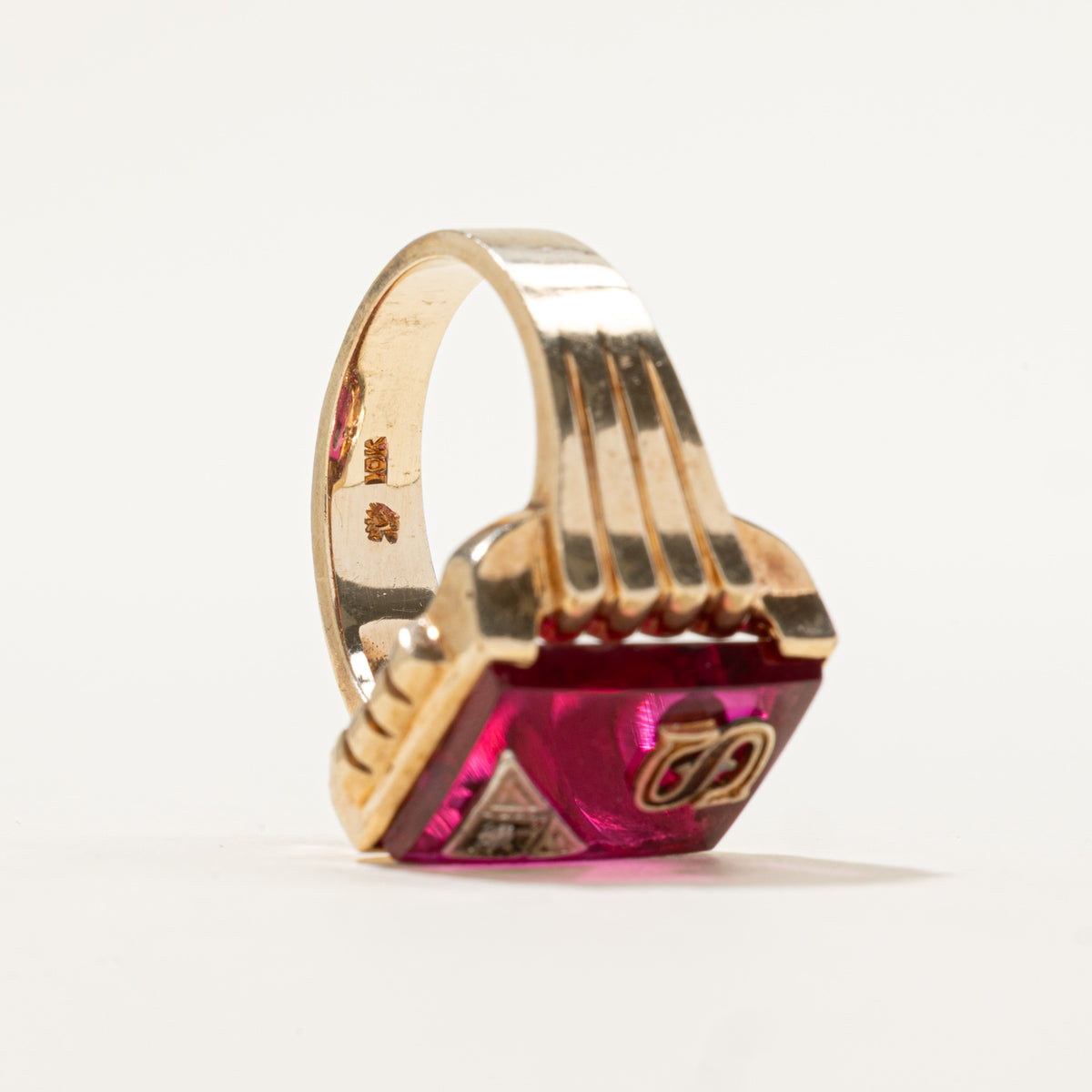 10k Synthetic Ruby & Diamond "S" Initial Signet Ring | 6.00ct, 0.01ct | SZ 9.75