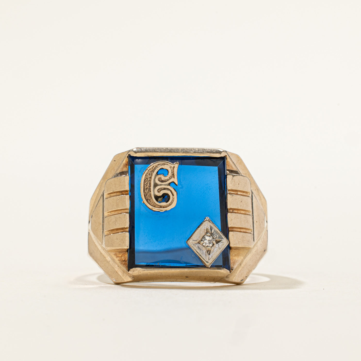 10k Synthetic Sapphire & Diamond "C" Initial Signet Ring | 5.00ct, 0.01ct | SZ 9.75
