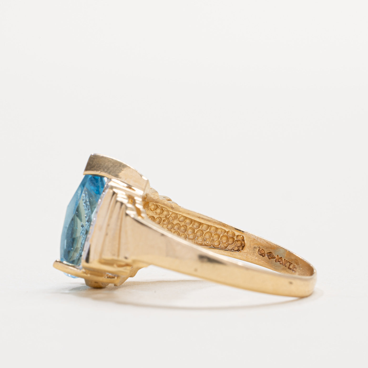 14K Pear Cut Blue Topaz & Diamond Grooved Ring | SZ 7.75