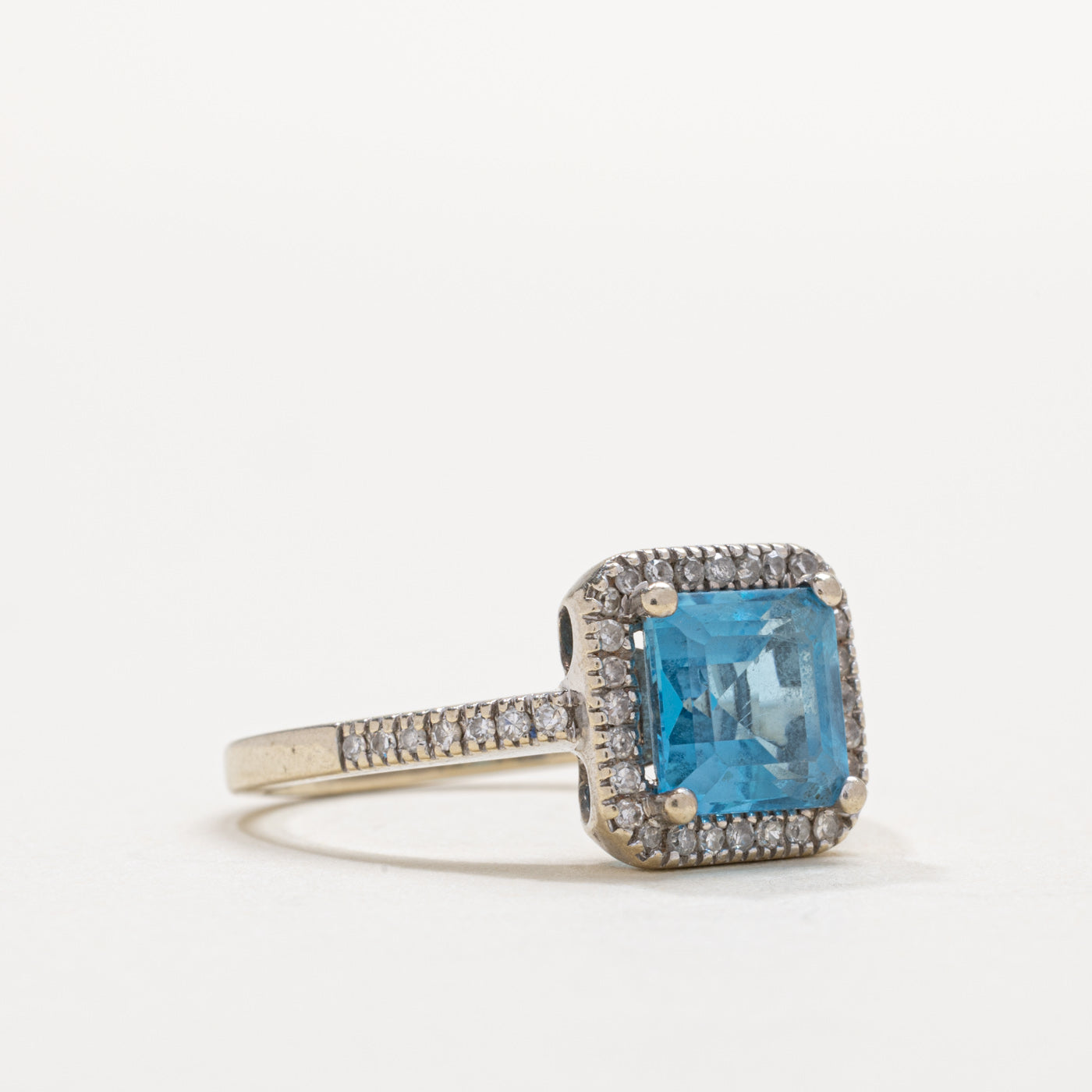 14K Step Cut Blue Topaz & Diamond Halo Ring | SZ 6.5