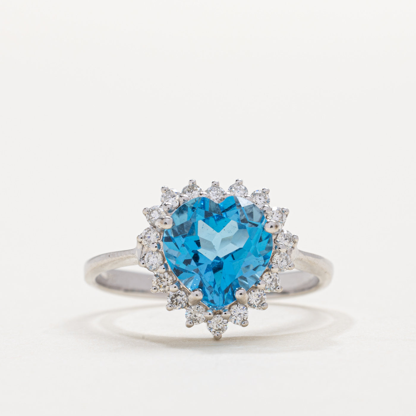 9K Heart Cut Blue Topaz & Diamond Petal Halo Ring | SZ 6.0