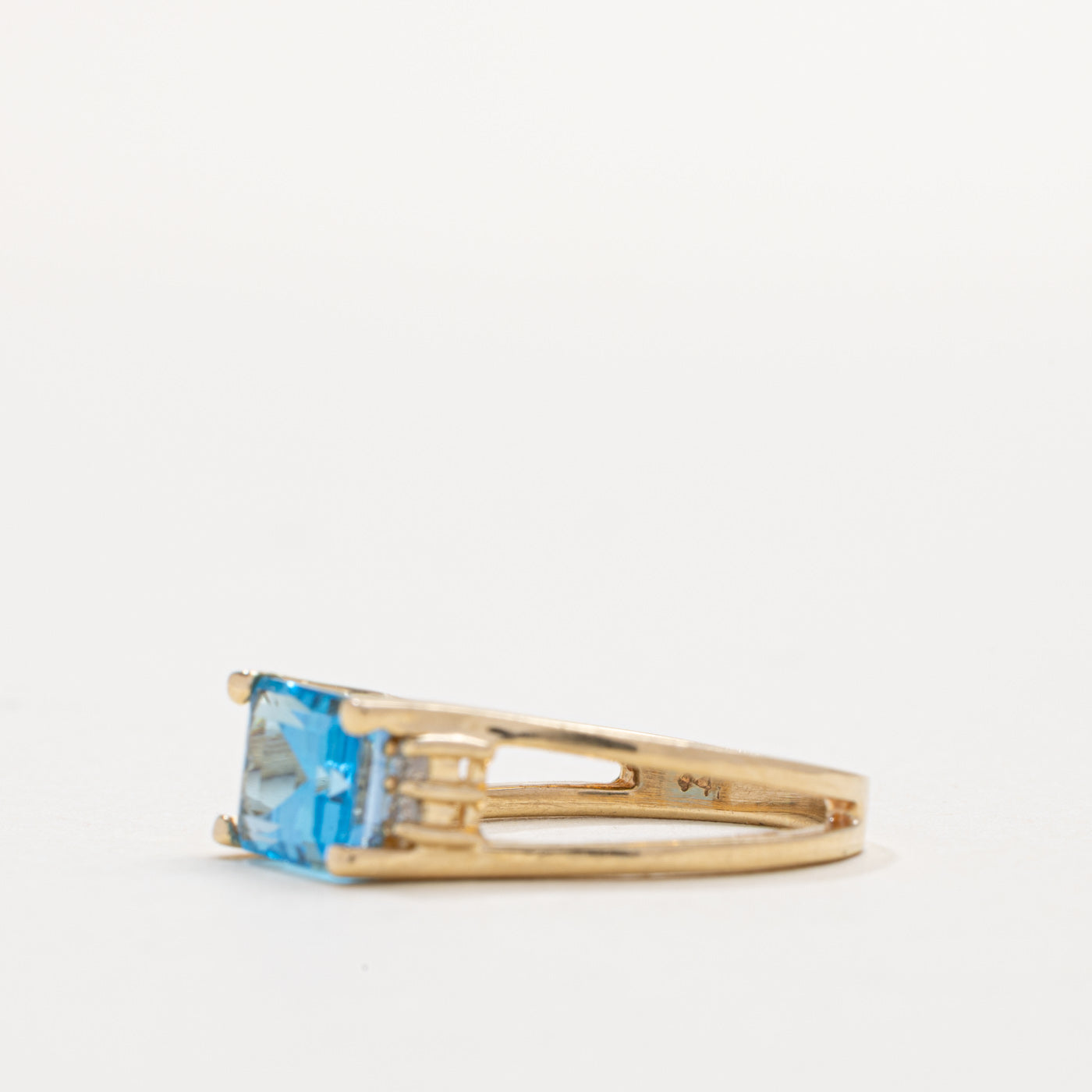 14K East West Emerald Cut Blue Topaz & Diamond Ring | SZ 5.0